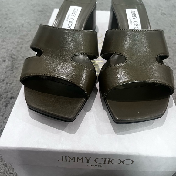 Jimmy Choo Dark Green Leather Ellison Mules 37.5 - Picture 1 of 8